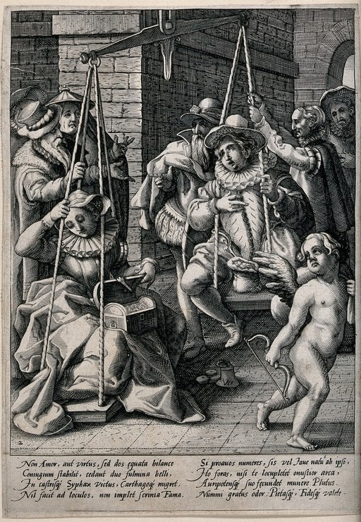 A man and a woman are weighed to assess their wealth for the purpose of marriage, she has a coffer full of coins on her lap, he has a small sack. Both families are pulling on the scales; representing a malevolent view of Jewish marriage. Engraving.