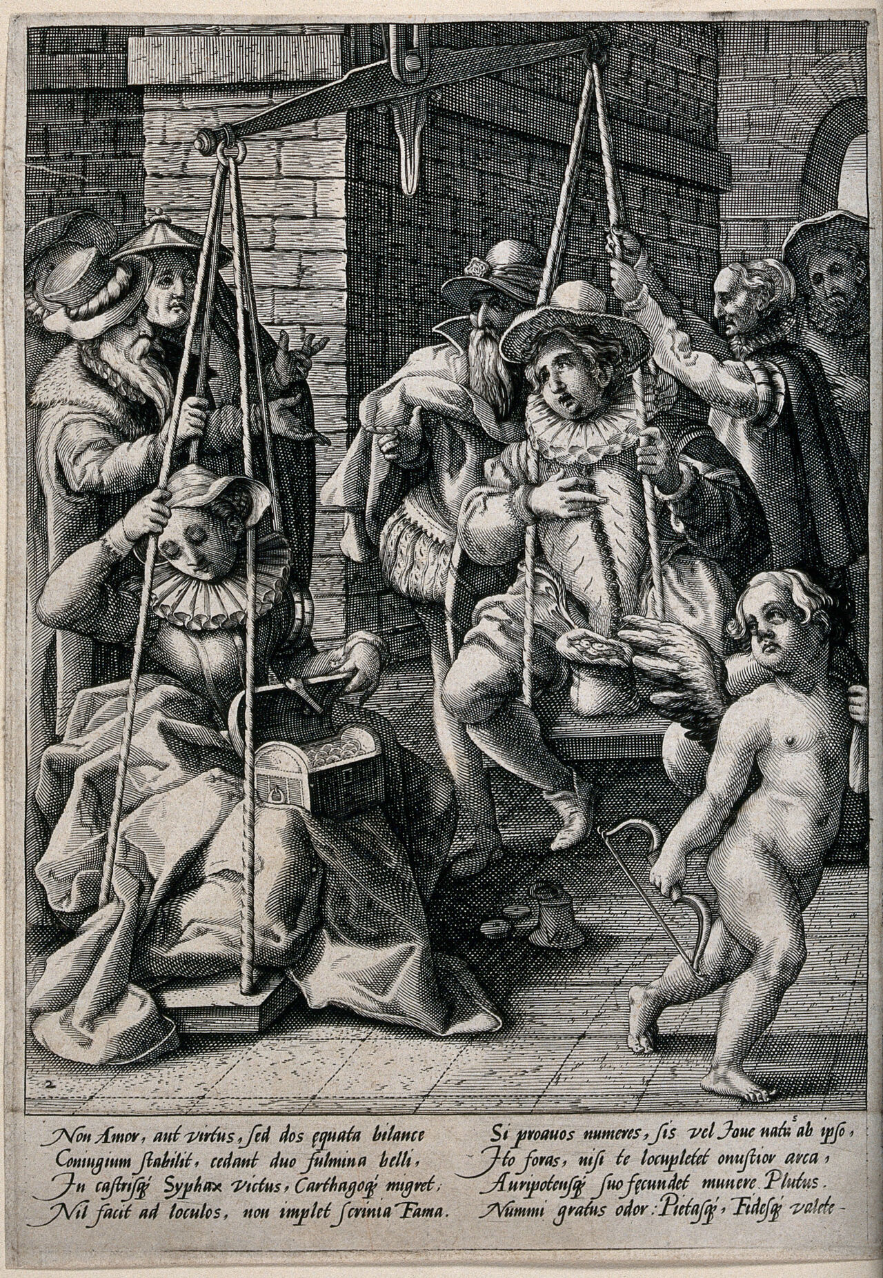 A man and a woman are weighed to assess their wealth for the purpose of marriage. Engraving, ca. 1600, after C. van Mander., 1600, by Karel van Mander the Elder