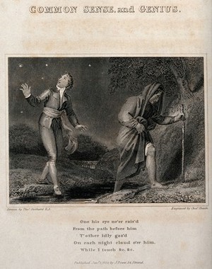 view Two men crossing a stream by night, representing Common sense and Genius. Etching by C. Heath after T. Stothard.