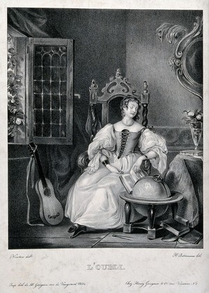 view A woman asleep in an armchair: her book is slipping out of her hand, the rest of the room is in disarray; representing oblivion. Lithograph by H. Bertremieux after G.S. Newton.