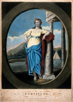 view A woman leaning against the column of a temple, behind her a landscape with lake and pyramid; representing Fortitude. Coloured mezzotint.