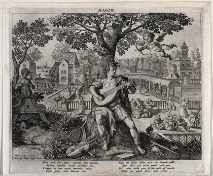 A young man sitting under a tree playing music surrounded by musical instruments, sports equipments and an open purse, while Cupid is aiming at him; representing the power of Love. Engraving by R. Sadeler after M. de Vos.