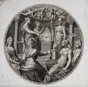 view The three theological virtues (Hope, Faith and Charity) are standing near an altar above which the Holy Spirit is hovering, while the the four cardinal virtues (Temperance, Justice, Fortitude and Wisdom) are sitting in the foreground. Engraving.