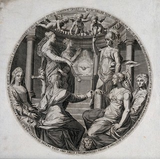 The three theological virtues (Hope, Faith and Charity) are standing near an altar above which the Holy Spirit is hovering, while the the four cardinal virtues (Temperance, Justice, Fortitude and Wisdom) are sitting in the foreground. Engraving.