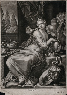 A woman with bare shoulders is holding a steaming object (a burning heart?) towards the peacock behind her, she is surrounded by a crown and sceptre, coins and various other items of luxury; representing Vanity. Mezzotint by J. Smith.