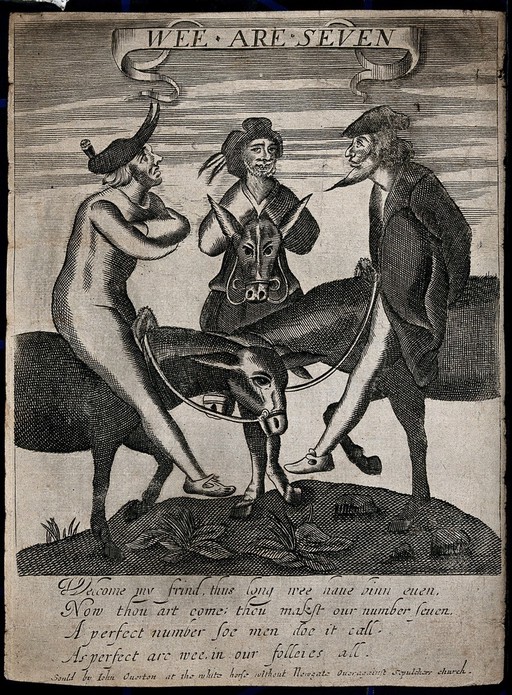 Three men and their donkeys meet on a hill; representing Folly. Engraving.