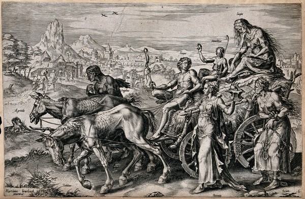 A dilapidated hay wain, pulled by emaciated donkeys (Mental and Physical Weakness) is driven by a young man (Torpor) and carries two women in rags (Poverty and Humility) while three women (Fragility, Patience and Servitude) accompany the cart; representing the attributes of human existence. Engraving by Cornelis Cort, 1564, after M. van Heemskerck.