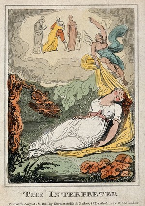 view A sleeping woman is disturbed in her dreams by a winged figure pointing to five people in the clouds above; representing the interpretation of dreams. Coloured etching, 1811.