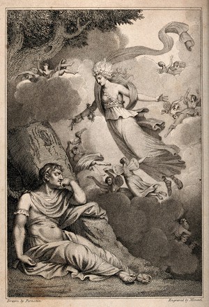 view King Alfred the Great in military dress is visited in a dream by the goddess of science with stars in her hair, while winged sylphs gambol in the clouds. Etching by J.A. Minasi after B. Pernotin.