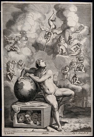 view A naked man is sitting on a box containing masks and leans on a globe, above him a winged figure blowing the trumpet is surrounded by sleeping, fighting, copulating, masturbating and hard working figures; representing a dream. Engraving by F. van der Steen after N. van Hoey after Michelangelo.