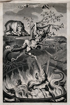 view A man clings to a tree, struggling not to fall into a cauldron containing a monster while a bear and snakes look on; rats gnaw at the trunk of the tree; representing the threat and eventual victory of Death. Engraving by M. Mouzyn, 1656 (?), after A.P. van de Venne.