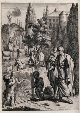 An episode in Juvenal's satire XII: in thanks for the escape of their mutual friend Catullus from a shipwreck, Juvenal shows to Corvinus a votive painting depicting Catullus's survival, while putti prepare to sacrifice animals as thank-offerings to the gods. Etching by W. Hollar after R. Streater.