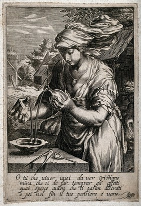 A woman pours two liquids into a bowl, next to which dividers and a spoon are lying; representing temperance. Engraving after H. Goltzius.