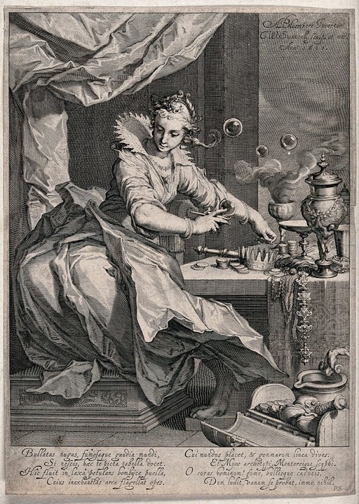A woman surrounded by bubbles is sitting in font of a table with temporal riches, while smoke rises out of a cup; representing vanity. Engraving by W.I. Swanenburgh after A. Bloemaert.