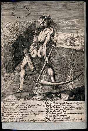 view A blindfolded naked man is mowing a field with his scythe; representing the mercilessness of death. Engraving.