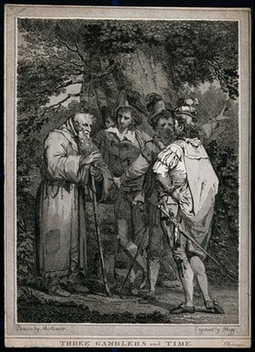Three gamblers and an old man; representing the vain fight with time. Engraving by J. Hogg after J.H. Mortimer after G. Chaucer.