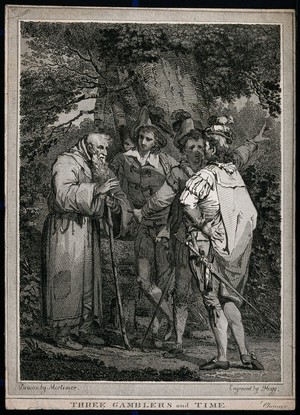 view Three gamblers and an old man; representing the vain fight with time. Engraving by J. Hogg after J.H. Mortimer after G. Chaucer.