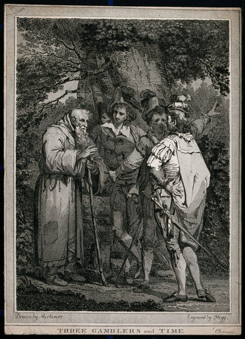 Three gamblers and an old man; representing the vain fight with time. Engraving by J. Hogg after J.H. Mortimer after G. Chaucer., 1700-1799, by Geoffrey Chaucer