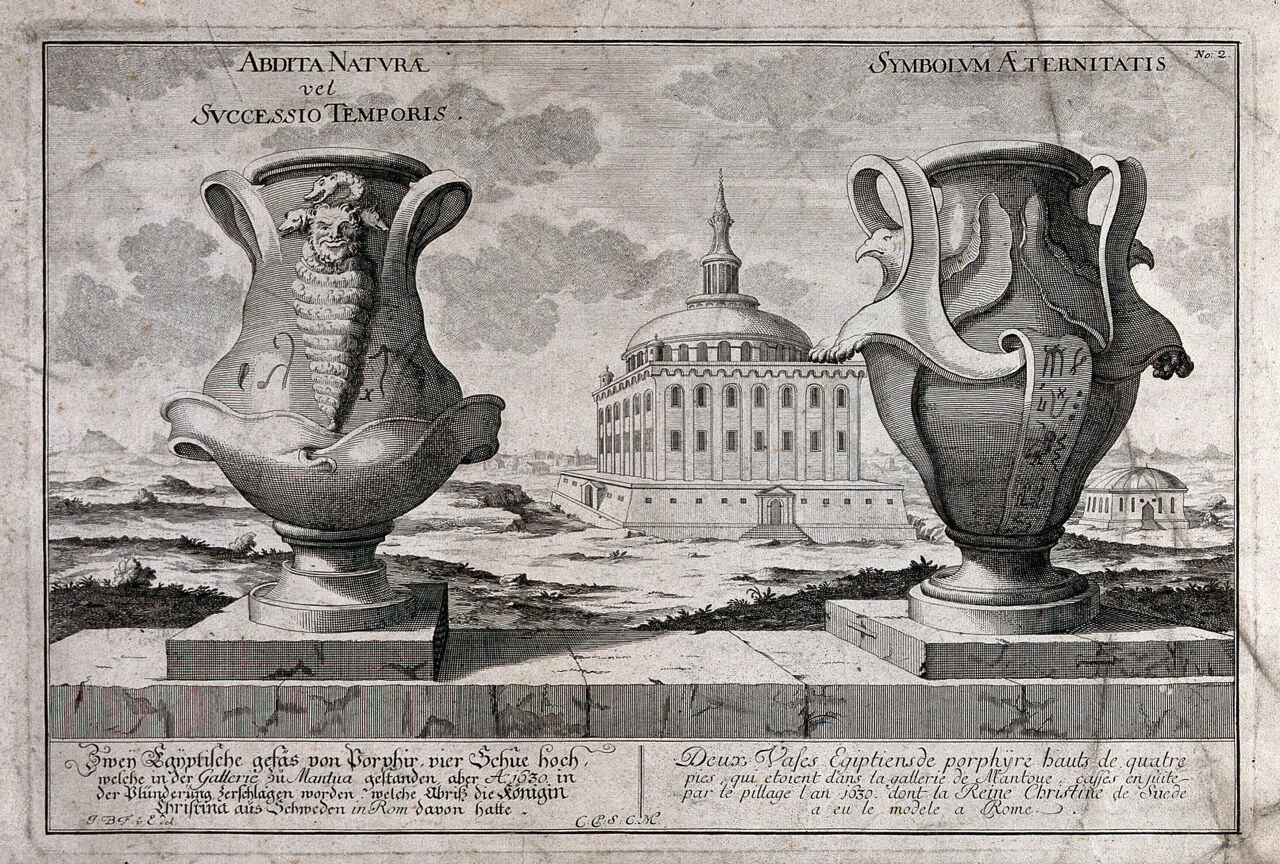 Two Egyptian porphyritic vases, one decorated with a satyr and snakes, the other with hieroglyphs and birdsheads; representing the succession of time and eternity. Etching after J.B. Fischer von Erlach., by Johann Bernhard Fischer von Erlach