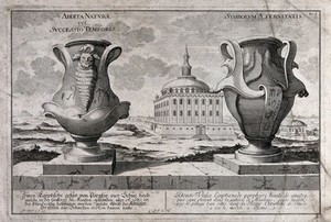 view Two Egyptian porphyritic vases, one decorated with a satyr and snakes, the other with hieroglyphs and birdsheads; representing the succession of time and eternity. Etching after J.B. Fischer von Erlach.