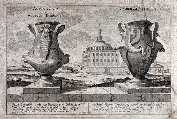 Two Egyptian porphyritic vases, one decorated with a satyr and snakes, the other with hieroglyphs and birdsheads; representing the succession of time and eternity. Etching after J.B. Fischer von Erlach.