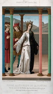 A woman wearing a crown and a dress covered with the letter F, walks inside an open loggia where she is followed by two men; representing Fortune. Chromolithograph by Thurwanger after C. Ciappori after an unidentified artist.