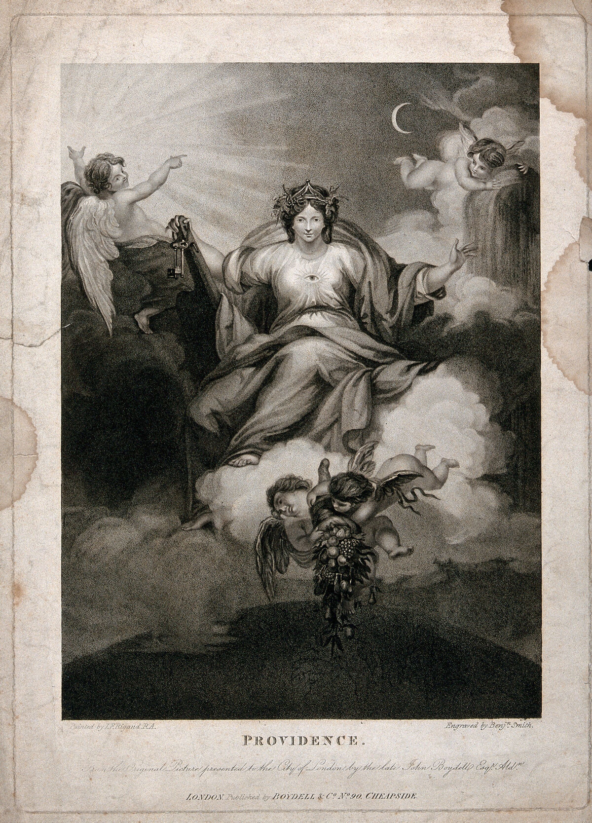 A woman enthroned on clouds is holding a rudder and keys, she is surrounded by four angels, two of which are holding a cornucopia; representing Providence. Stipple engraving by B. Smith after J.F. Rigaud., by John Francis Rigaud