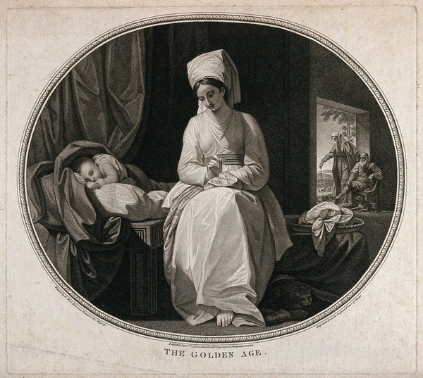 A woman doing her needlework next to a sleeping infant with an elderly couple in the background feeding chickens and resting, while a farmer is tilling the soil in the far distance; representing the Golden Age. Stipple engraving by G.S. & J.G. Facius after B. West.