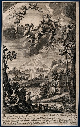 An allegorical woman on clouds, surrounded by gamboling angels above a landscape with rainbow, lovers and a shepherd with young lambs; representing spring. Etching by C.F. Fritsch the younger.