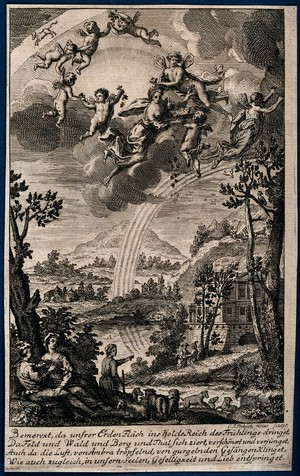 view An allegorical woman on clouds, surrounded by gamboling angels above a landscape with rainbow, lovers and a shepherd with young lambs; representing spring. Etching by C.F. Fritsch the younger.