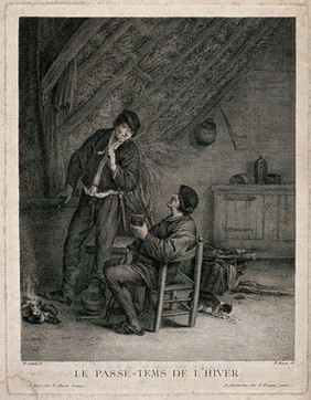 Two men indoors under a thatched roof, smoking and drinking; representing pastimes in winter. Etching by F. Basan after A. van Ostade.