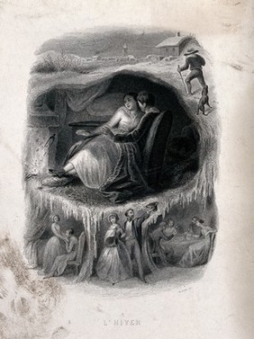 A winter landscape with a traveller, a couple in front of the fire place and social gathering; representing winter. Reproduction of an engraving by C. Colin after T. Johannot.