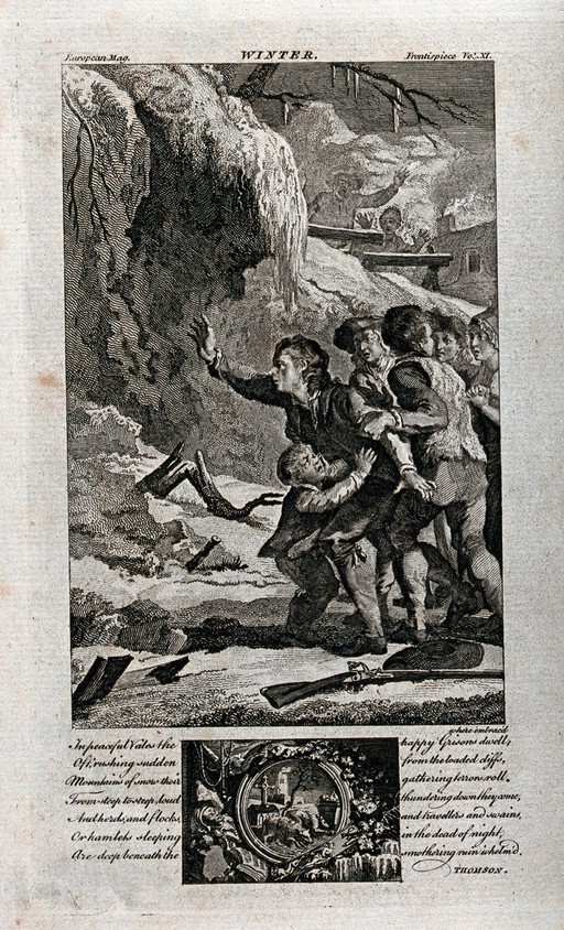 People living with the threat of avalanches; representing Winter. Etching.