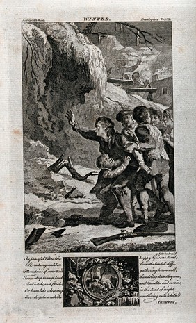 People living with the threat of avalanches; representing Winter. Etching.