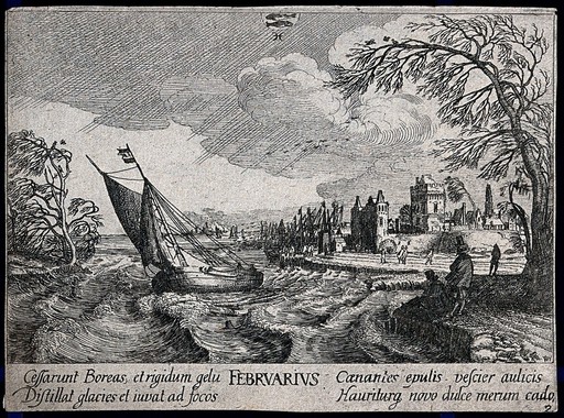 A ship leaving the harbour in stormy weather, above it the zodiacal sign of Pisces (Fish); representing the month February. Etching after I. Velde.