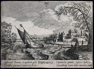 view A strong north wind blowing a yacht and trees on an estuary, people out in the cold, and, above, the zodiacal sign of Pisces (fish); representing the month February. Etching by W. Hollar, ca. 1628, after J. van de Velde II.