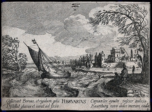 A strong north wind blowing a yacht and trees on an estuary, people out in the cold, and, above, the zodiacal sign of Pisces (fish); representing the month February. Etching by W. Hollar, ca. 1628, after J. van de Velde II.