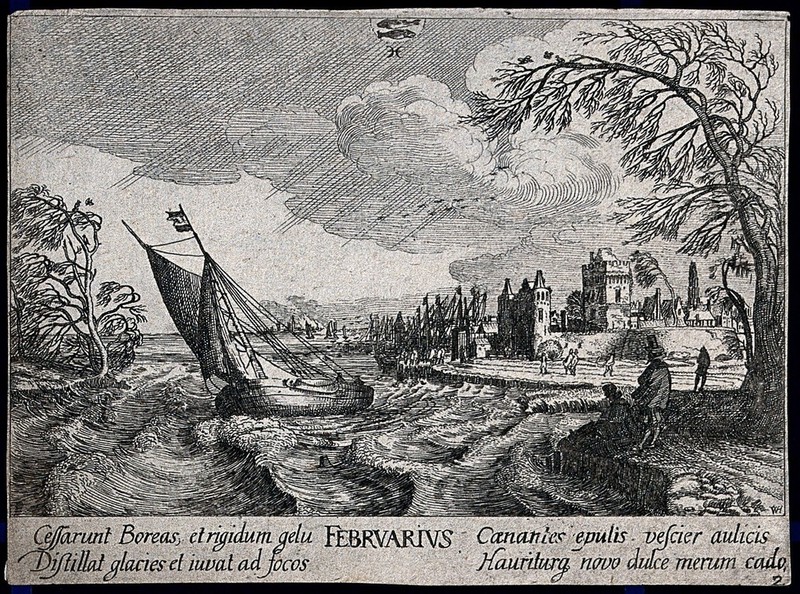 A strong north wind blowing a yacht and trees on an estuary, people out in the cold, and, above, the zodiacal sign of Pisces (fish); representing the month February. Etching by W. Hollar, ca. 1628, after J. van de Velde II., [1628?], by Jan van de Velde
