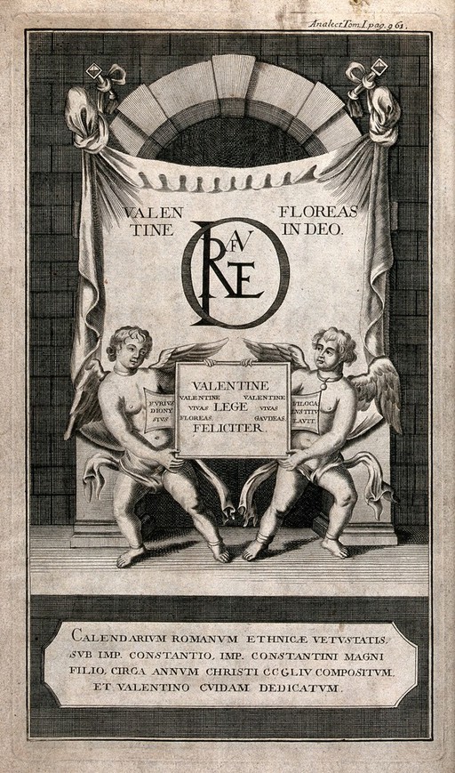 Two winged boys standing outside a veiled arch hoding an inscribed plate; frontispiece of a calendar. Engraving.