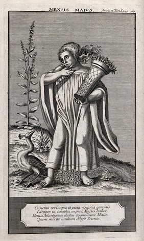 A woman holding a flower to her face and a vase with flower buds in her left hand, to her right is a peacock; representing the month May. Engraving.