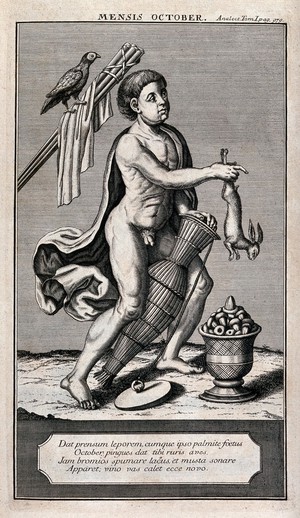 view A semi-naked man holding a hare in his outstretched right arm, and a vessel between his legs, is surrounded by a bird and a vase full of acorns; representing the month October.