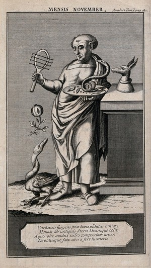 view A man worshipping at the altar of Isis with a musical instrument and a plate with a snake, he is surrounded by a goose and a pomegranate; representing the month November. Engraving.