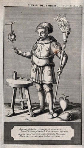 A man holding a torch and surrounded by heart-shaped vegetables is standing near a table with dices, pointing to a bunch of dead birds on a hook; representing the month December. Engraving.