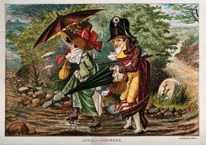 view A cockaded Frenchman and his female companion are struggling with their umbrellas through a rain shower; representing the month April. Chromolithograph.