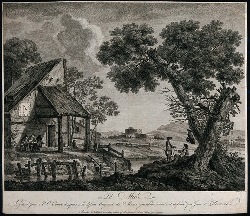 A landscape with a lake, a cottage and ruins, the peasants are resting and enjoying the noontime with the sun-dial pointing at XII; representing Midday. Etching by P.C Canot and C. Norton after J. Pillement.