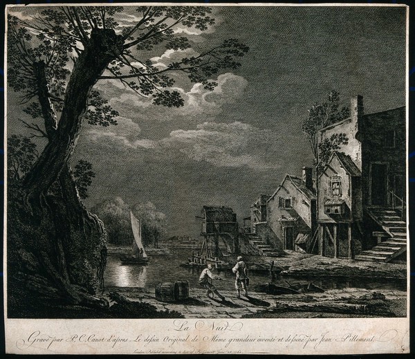 Men mooring their boats on a quayside in moonlight; representing night. Etching by P.C. Canot after Jean Pillement.
