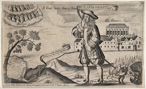 A Stuart gentleman is standing before Whitehall, entitled "Sinner's Seat", in front of which hell is depicted as a man-eating monster. He is contemplating the toad before him above which heaven is shown as a cloud with righteous men; representing an allegory of Vice and Virtue. Engraving.