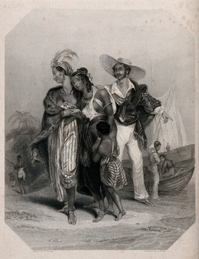 Two black women and a boy on Lake Chad are about to be led away into slavery by a Spaniard. Stipple engraving by E. Finden, 1843, after Perring.