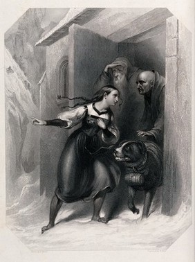 Convent of St Bernard, Switzerland: a distressed woman in Swiss peasant costume is standing in the snow outside a monastery and pleads to two monks pointing in the distance, the monks are sending out their St. Bernard dog for rescue. Stipple engraving by F. Stone after W. Holl.