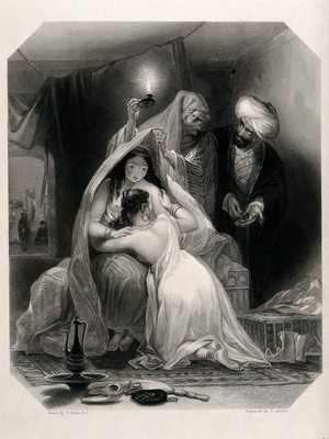 view Two sisters in Georgia lament as their mother sells them to a bearded man wearing a turban, who is counting out money. Stipple engraving by H. Egleton, 1843, after T. Uwins.